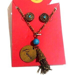 Gold-Tone "Peace" Pendant Necklace Blue Bead, Tassel & Earrings Women's Jewelry
